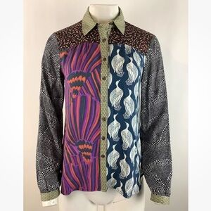 Anthropologie Maeve Sz XS Alida Contrast Blouse Multicolor Rayon Bird Print